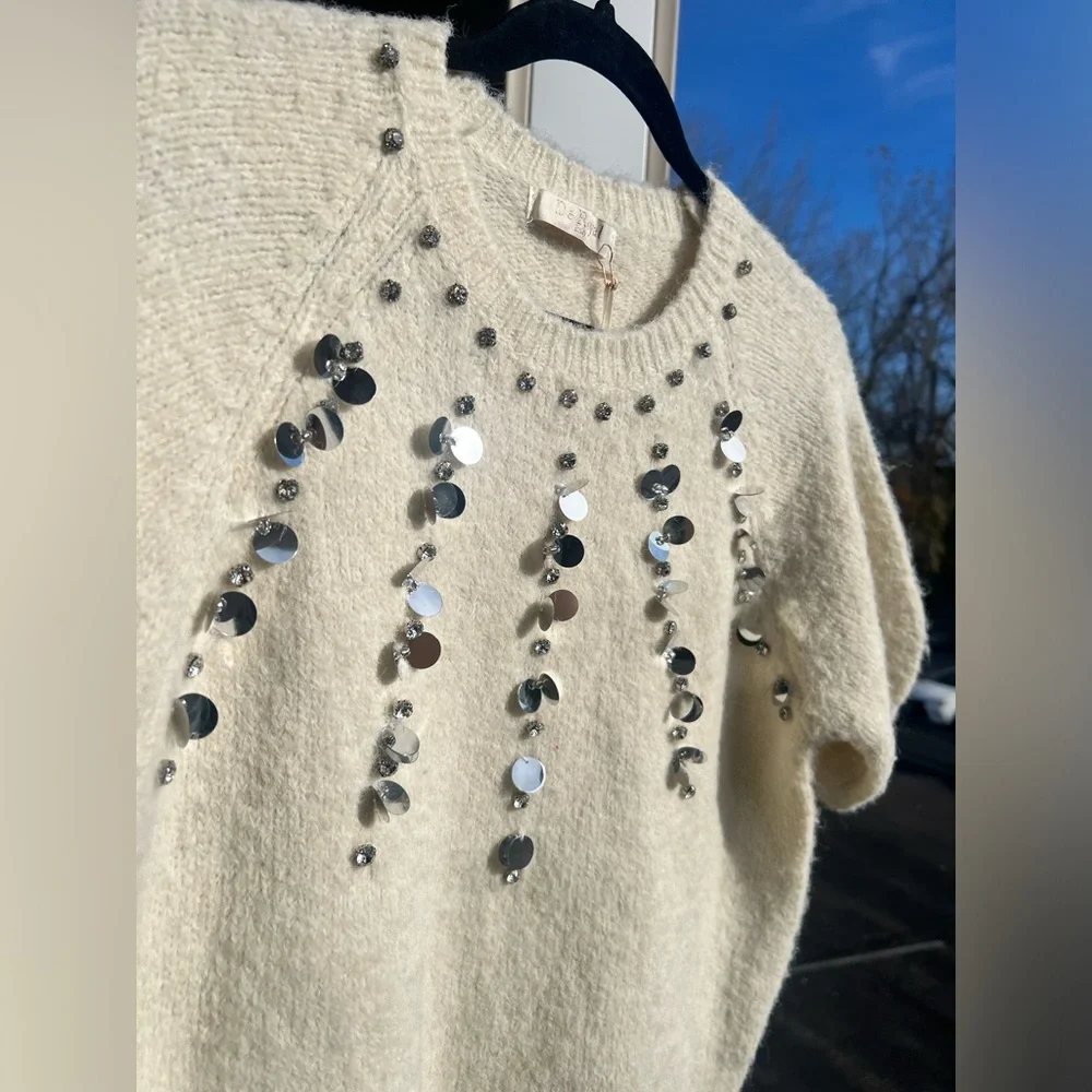 🆕🌾✨De Royal Italy Wool Alpaca Blend Sequin Cream Sweater Knit Top Holiday Size S